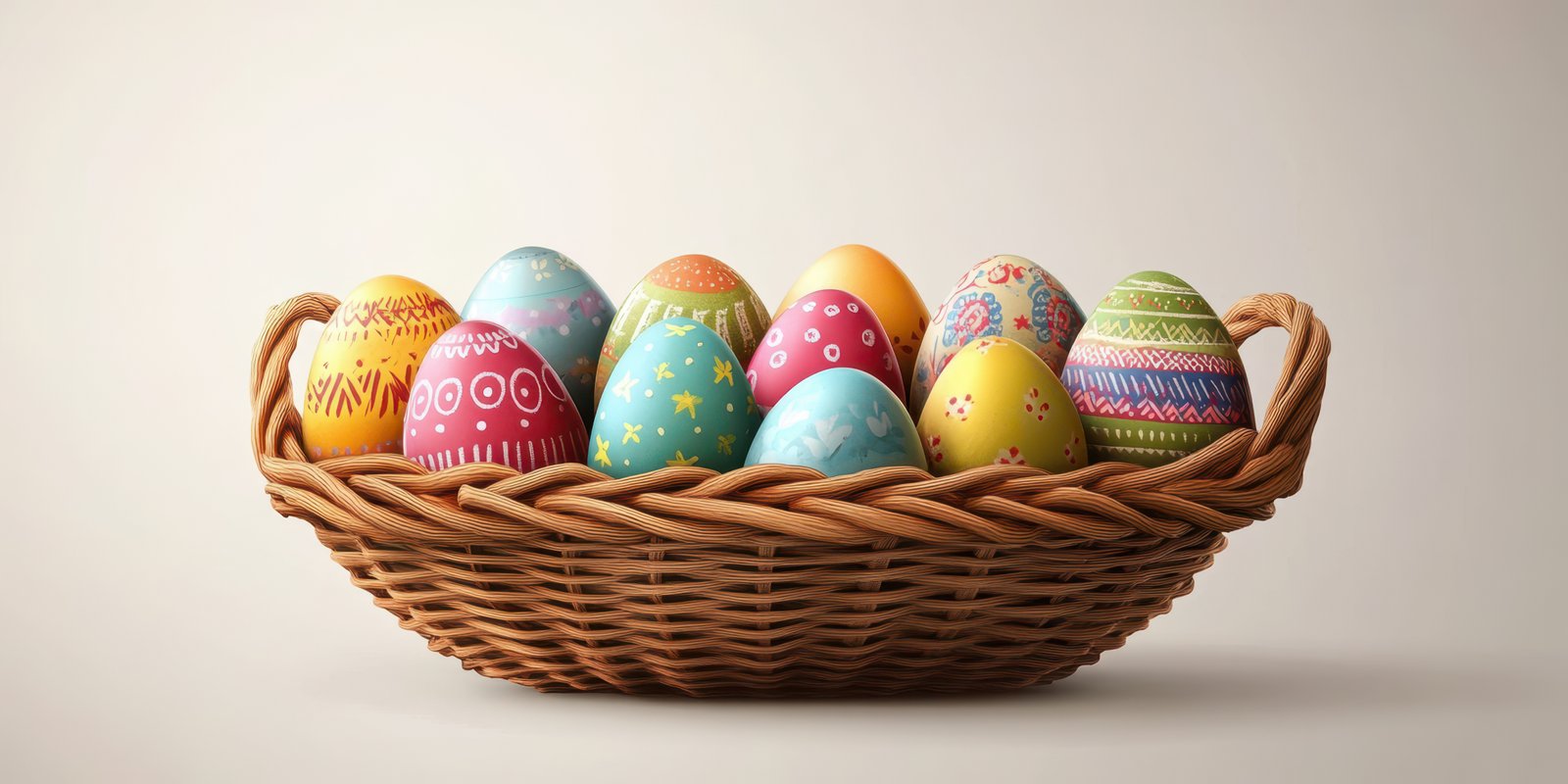Colorful collection of decorated Easter eggs in a woven basket on a plain background